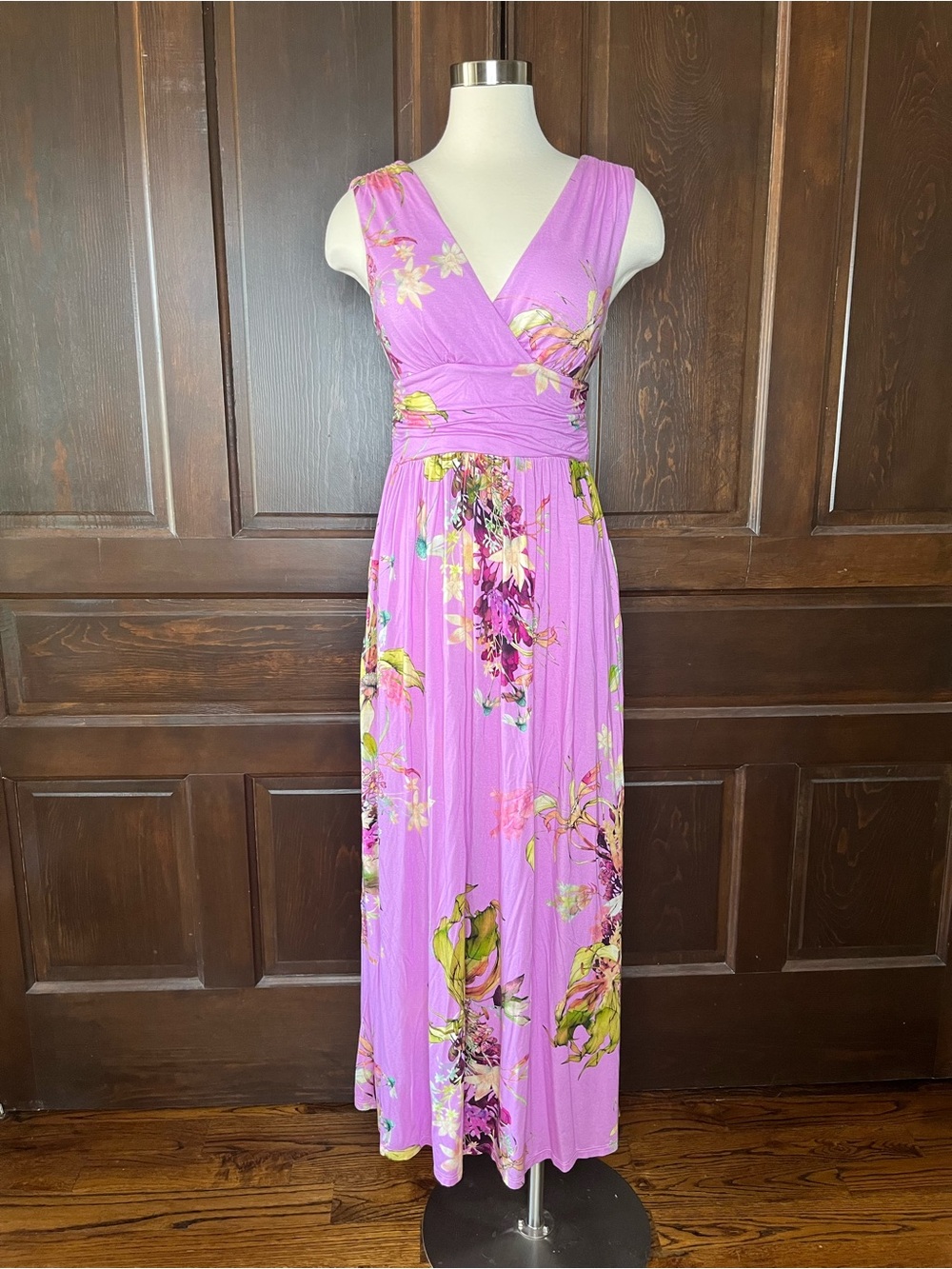 Soma Maxi Dress Floral Ruched Waist Sleeveless Jersey Knit Pockets Women's M